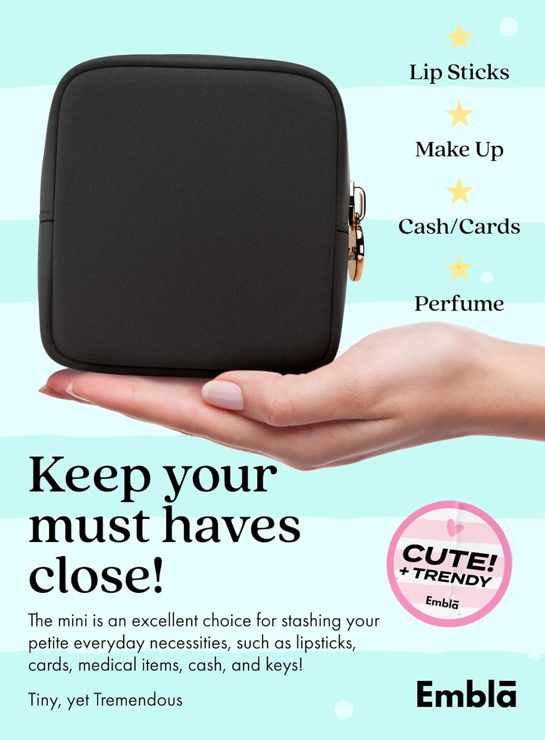 Embla Makeup Bag Travel Cosmetics Pouch and Toiletry Bag, Nylon Zipper Pouch Purse, Cute Make Up Organizer Storage Tote for Women Girls, Waterproof Travel Skincare Case, Small Makeup Bags, Black Noir