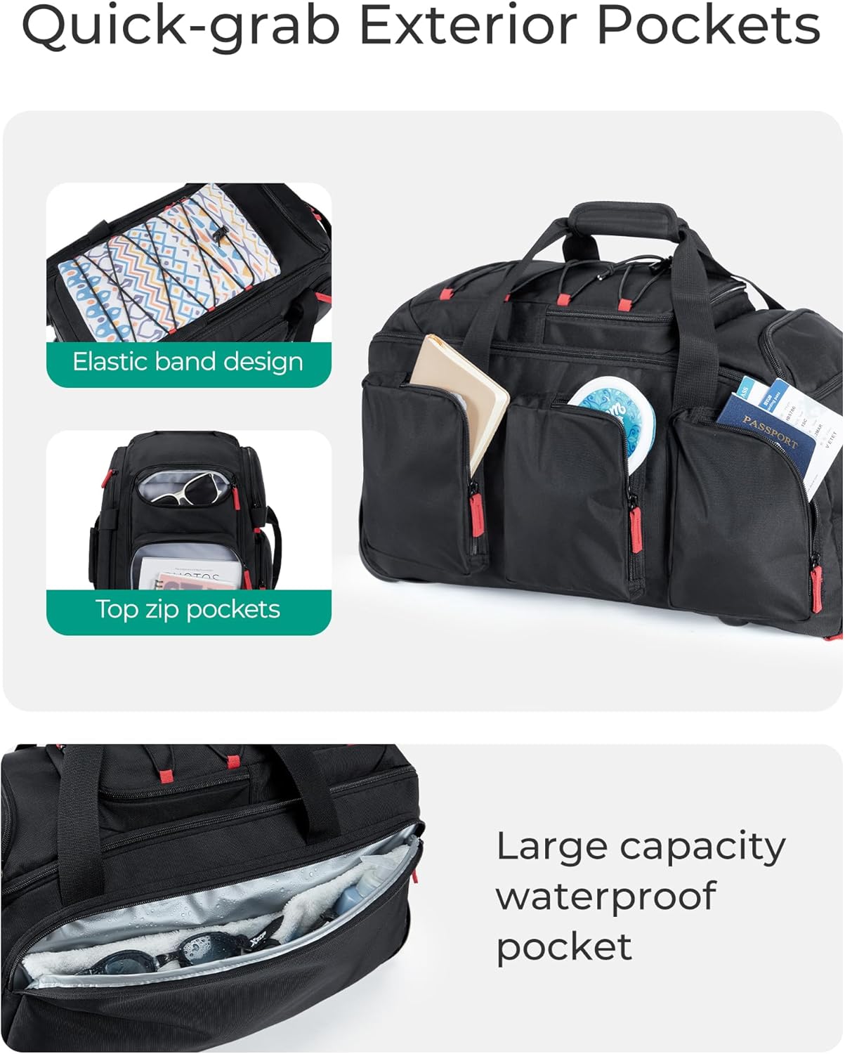 BAGSMART Rolling Duffle Bag with Wheels, 36L Travel Bag with Water-proof Pockets, Airline-Approved Carry On Duffel Bag with Handle, Black