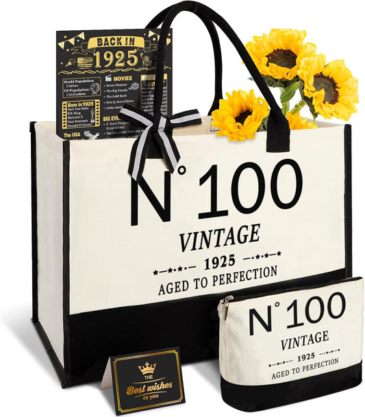 100th Birthday Gifts for Women Canvas Tote Bag Travel Gear,Unique 100 Years Old Gifts for Wife Mom Sister Aunt Friends Her, Vintage N°100 Handbag & Cosmetic Bag & Back in 1925 Poster