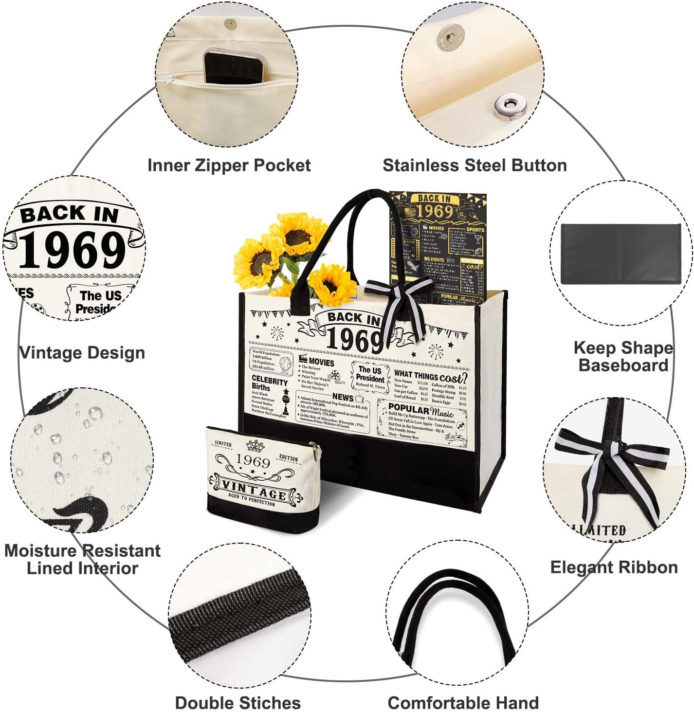 YeohJoy 56th Birthday Gifts for Women Canvas Tote Bag Travel Gear, Unique 56 Years Old Birthday Gifts for Girlfriend Sister Friends Her, Vintage 1969 Handbag & Cosmetic Bag & Back in 1969 Poster