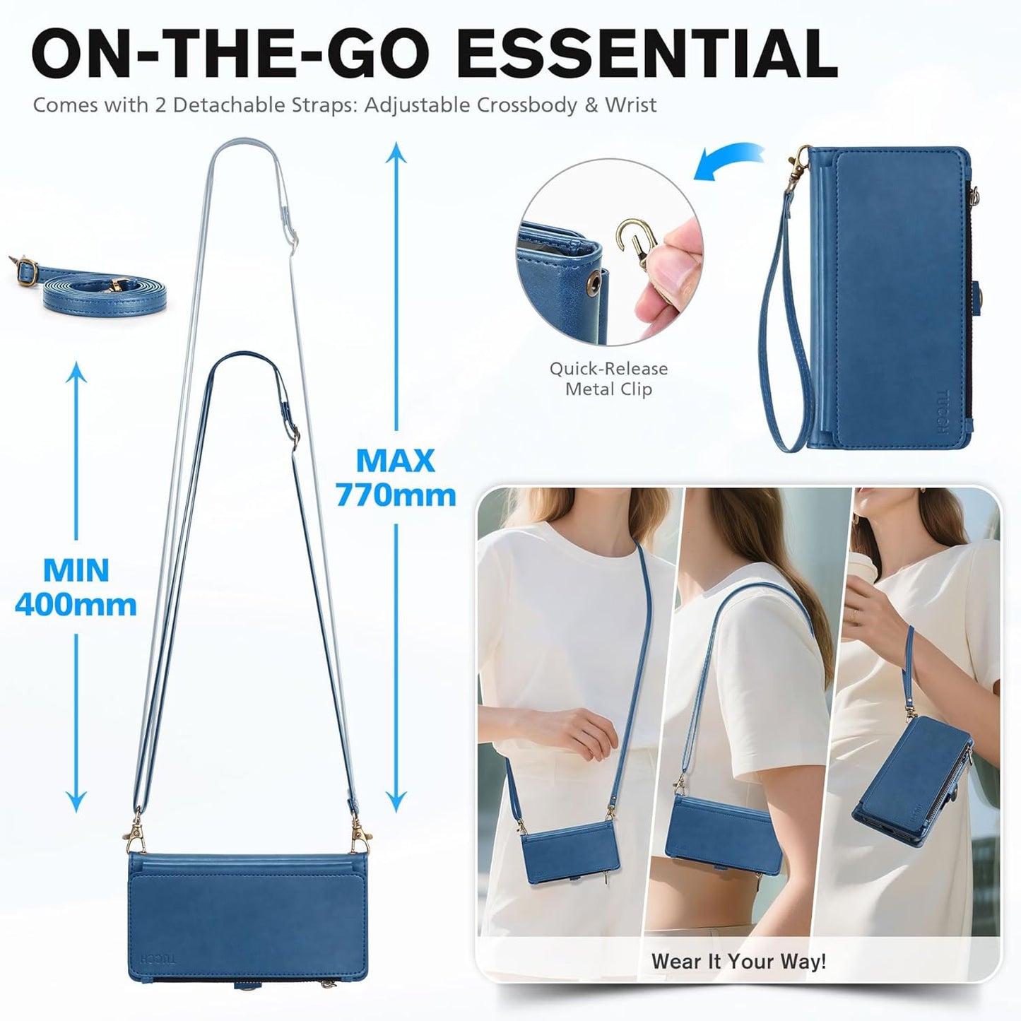 TUCCH Removable Crossbody Case Wallet for iPhone 17 Pro Max 6.9" 2025, Wireless Charging, RFID Blocking 10 Card Slots, Lanyard, Wrist Strap, Zipper Pocket, PU Leather, Stand Magnetic Cover, Light Blue