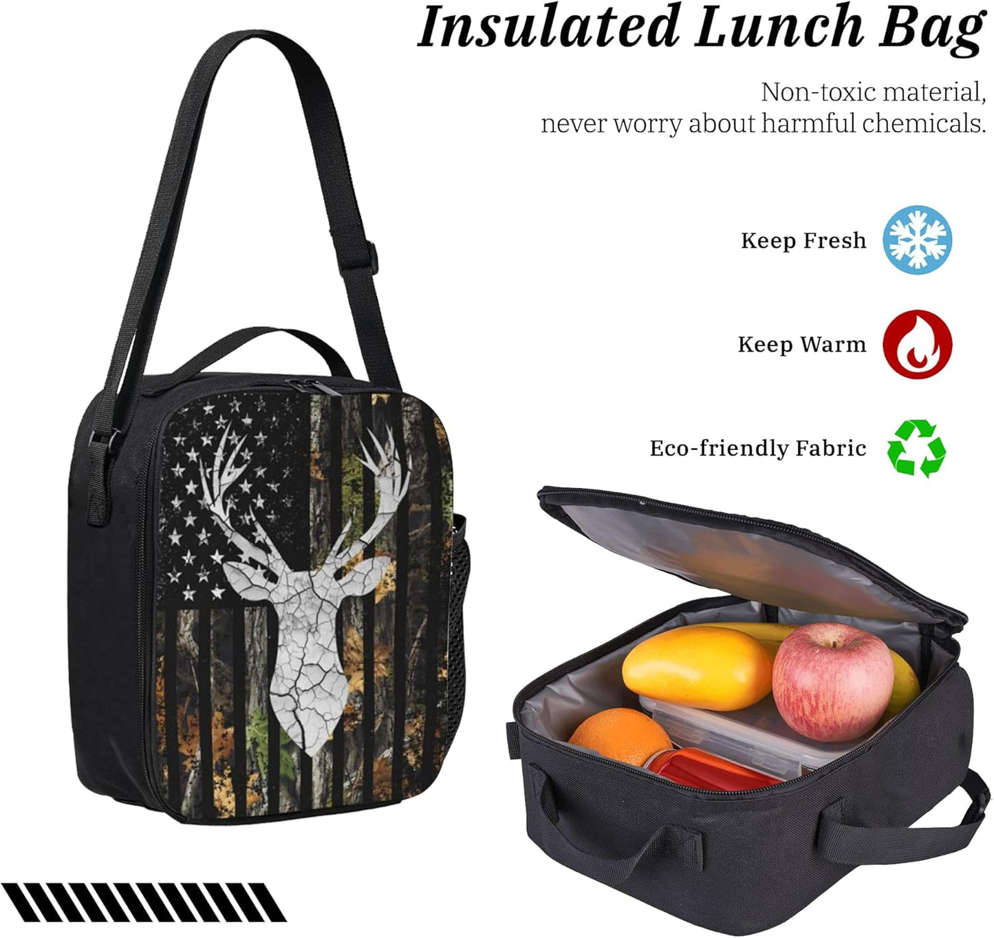 Deer Hunting Kid Backpack Set with Lunch Bag & Pencil Case Large Capacity School Bag 17 Inch Bookbag for Boy Girl