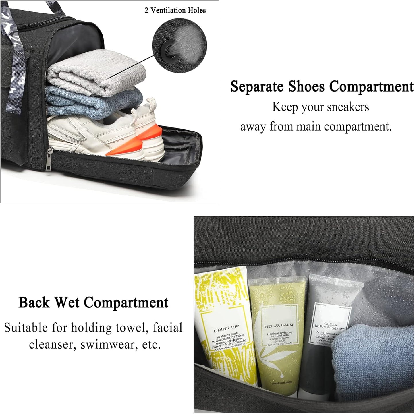 Gym Bags for Men Gym Duffle Bag Backpack 3-Way Sports Duffel Bags for Men with Shoe Compartment & Wet Pocket（Black）