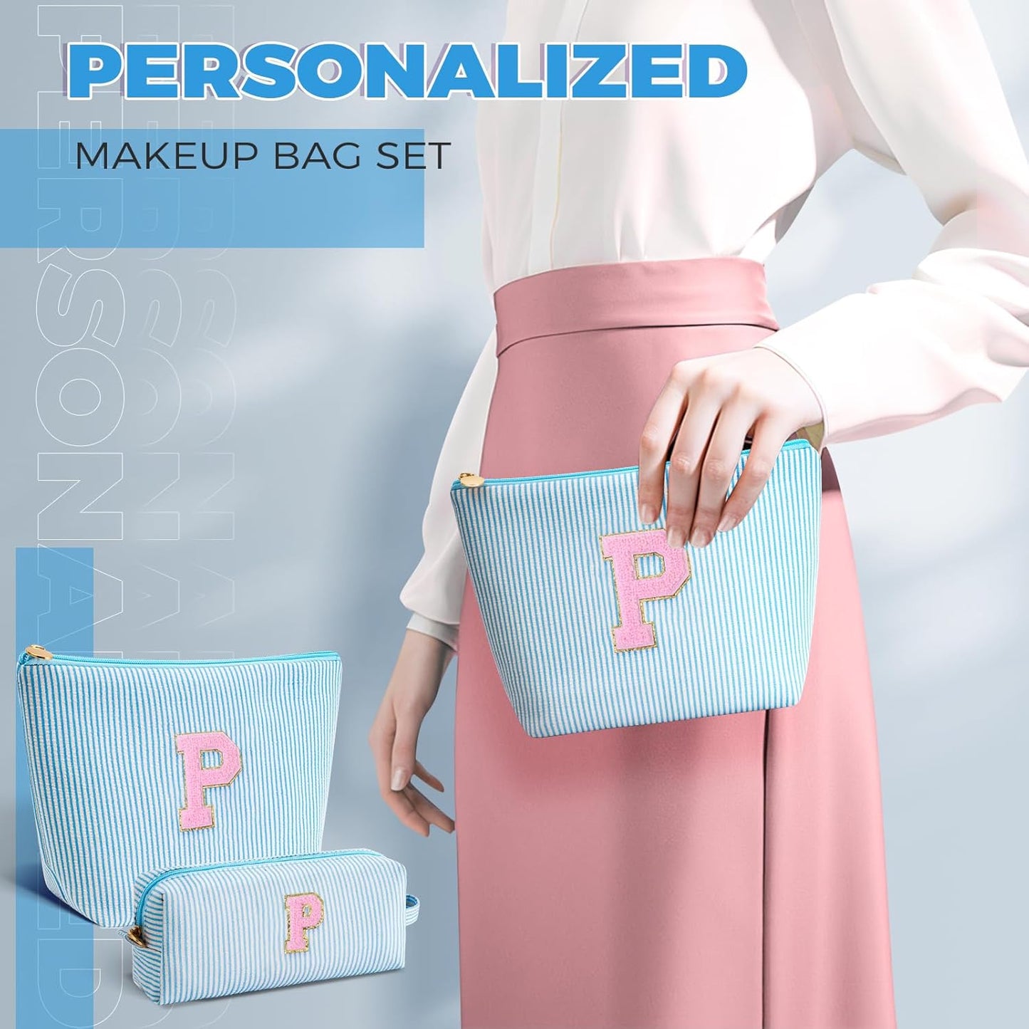 Personalized Makeup Bag for Women Girls - Fashion Cosmetic Bag Trendy Travel Toiletry Bag with Initials Letter - Teen Gifts - Blue,P