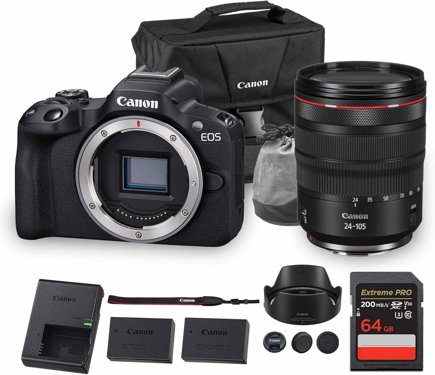 Canon EOS R50 Mirrorless Camera | 24.2MP APS-C, 4K 30p Video, Dual Pixel AF II, 15fps Burst, Vari-Angle Screen, Compact Beginner Vlogging Camera + Canon RF 24-105mm f/4L IS USM Lens + 64GB Card + More