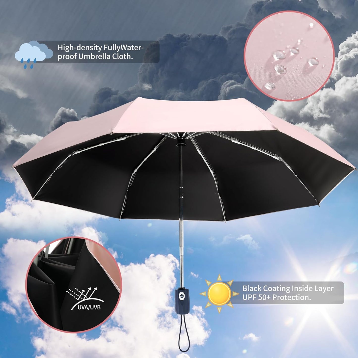 Color Glue Coating Sun Umbrella UV Protection Compact Folding Windproof Parasols Travel Auto Open Close Blocking UV 99.98%