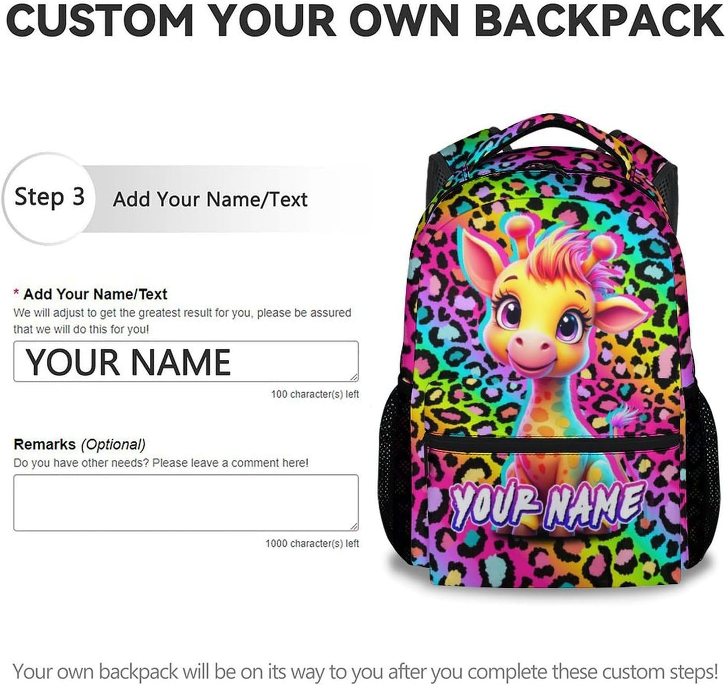 Custom Giraffe Backpack for Girls - 17 Inch Cute Kids Backpack with Adjustable Straps for Kindergarten - Large Capacity School Bag for Elementary