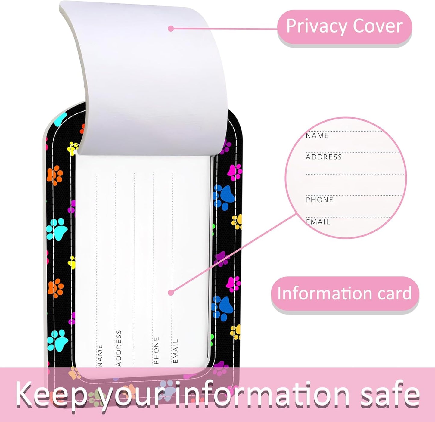 2 Pack Colorful Dog Paw Luggage Tag for Suitcase,Colorful Paw PU Leather Suitcase Tags Identifiers with Privacy Name Address Labels and Steel Loop for Women Men Travel