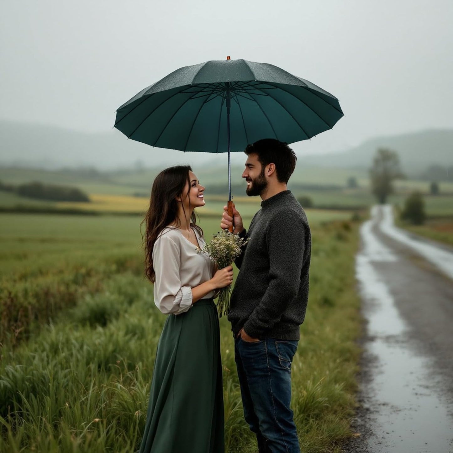 SoulRain 16 Ribs 48" Stick Umbrella Auto Open Solid Color Fashionable and Simple，Arc Classic Wood Handle，Windproof Unbreakable Stick Rain Umbrella