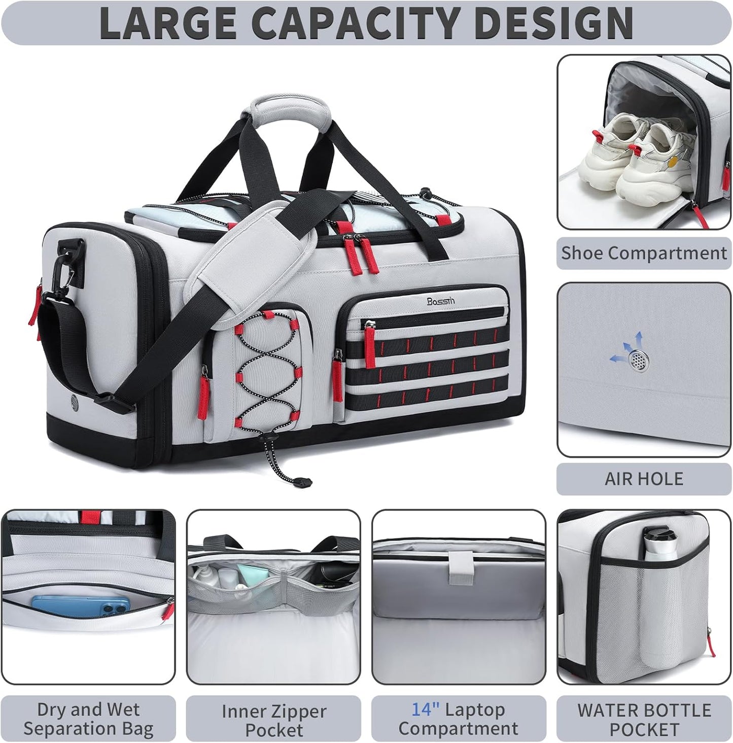 Bosstin Gym Bag for Men & Women, 45L Travel Duffle Sports Duffel Bag Gym Weekender Overnight Backpack with Shoe Compartment (Grey)