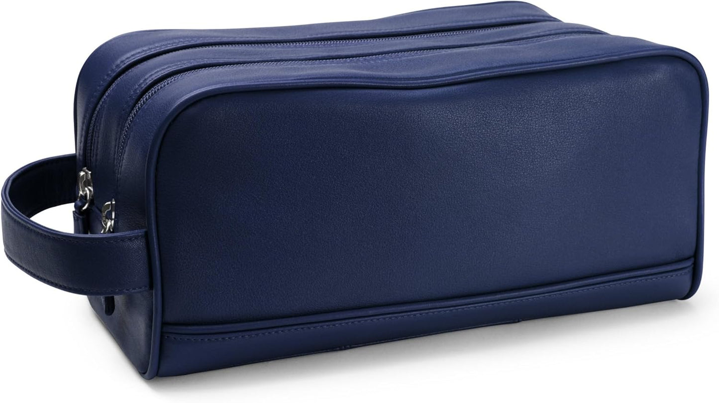 Leatherology Navy Blue Double Zip Toiletry Bag – Full-Grain Leather Men's Dopp Kit with Dual Compartments, Water-Resistant Lining & Top-Stitched Handle
