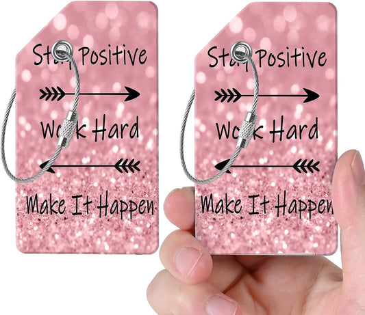 2 Luggage Tags, (1" Smaller Than Traditional) Perfect for Quick Luggage Identification with Stainless Steel Ring and Address Card for Travel and Luggage (Encouraging English)