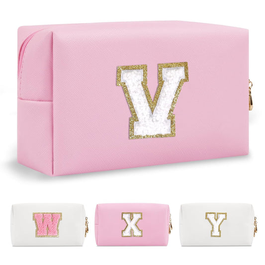 Personalized Initial A-Z Preppy Patch Makeup Bag,Small PU Chenille Letter Cosmetic Bag with Zipper for Teen Girls,Pink Cute Toiletry Organizer Bag,Monogram Makeup Case Gift for Women Girls,Letter V