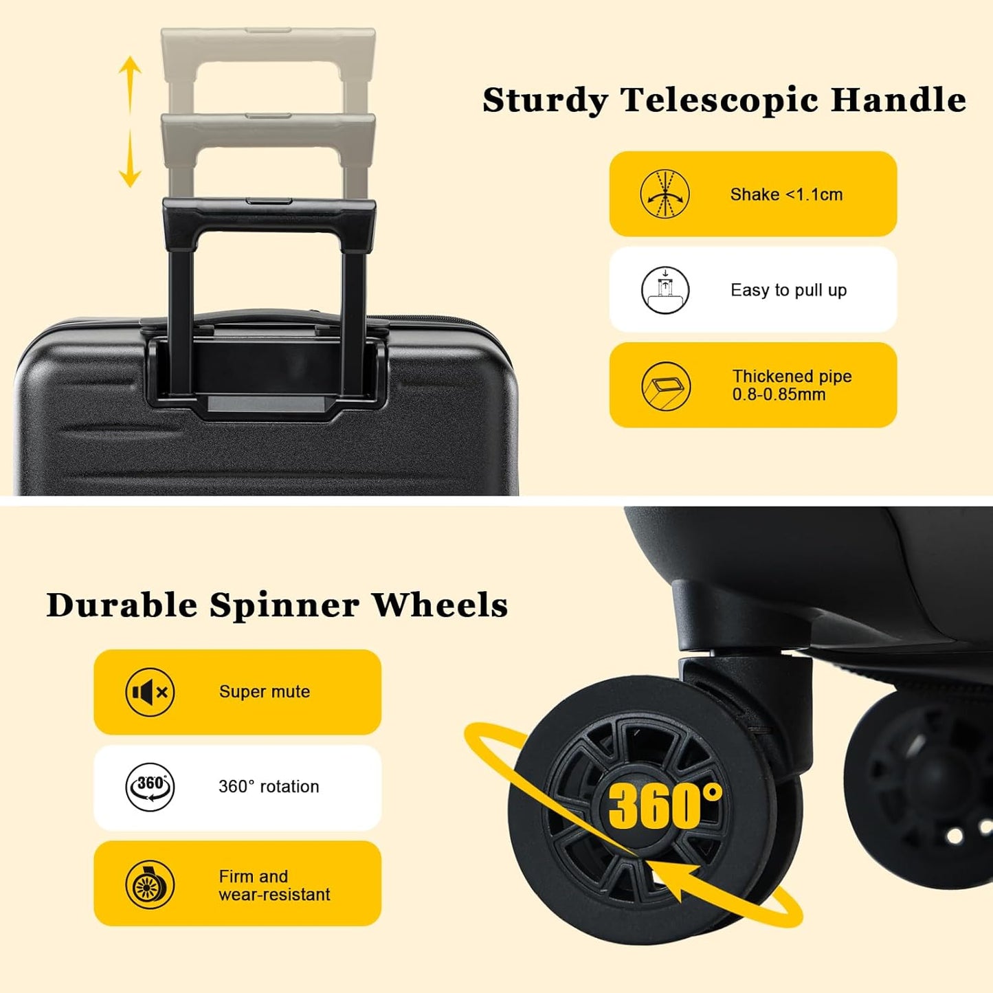 16 Inch Carry On Luggage Airline Approved, Expandable Lightweight ABS+PC Hard Shell Suitcases with 360° Spinner Wheels, TSA Lock, YKK Zippers (Black)