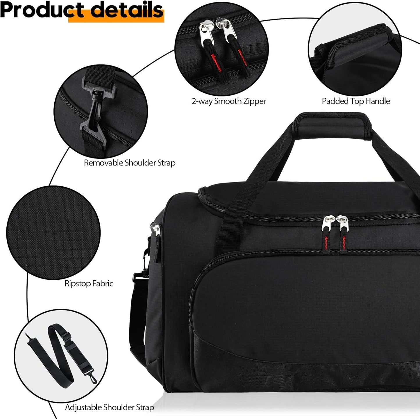 Gym Bag for Men - 55L Black Durable Large Duffle Bag for Travel, Workout, Fitness & Sport