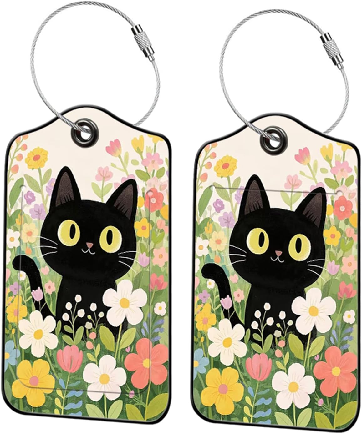 2 Pack Black Cat Leather Luggage Tags for Suitcases, Travel Bag Tags with Privacy Cover ID Label with Stainless Steel Loop for Women Men Girls Backpack Gift (Beige Black)