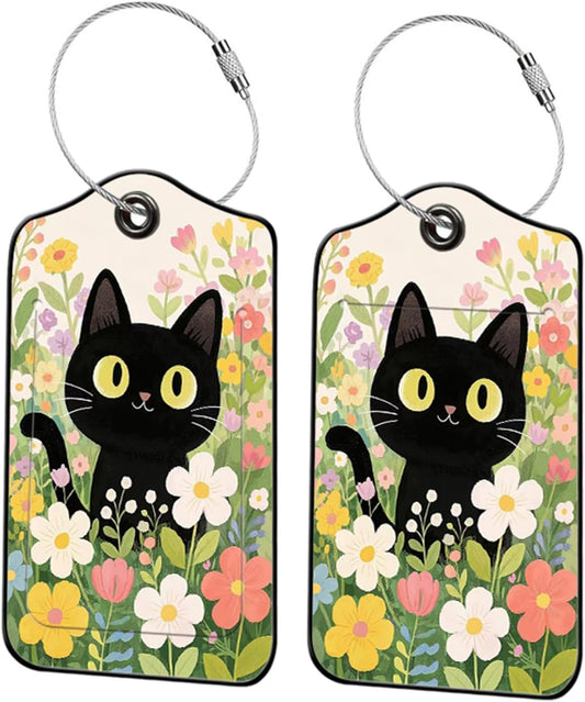 2 Pack Black Cat Leather Luggage Tags for Suitcases, Travel Bag Tags with Privacy Cover ID Label with Stainless Steel Loop for Women Men Girls Backpack Gift (Beige Black)