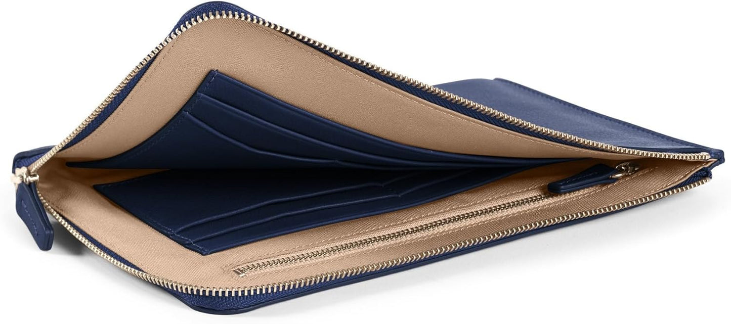 Leatherology Navy Blue Slim Zip Travel Wallet – Full Grain Leather Passport & Card Organizer