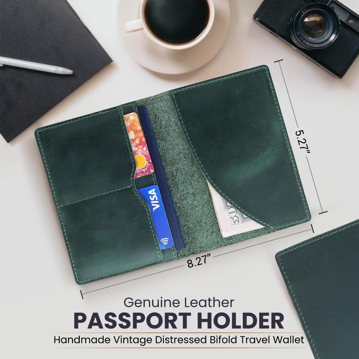 Leather Passport Holder with Travel Wallet, Genuine Leather Passport Cover- Passport Wallet, Leather Folding Wallet for Passports (Oval Cut, Green)