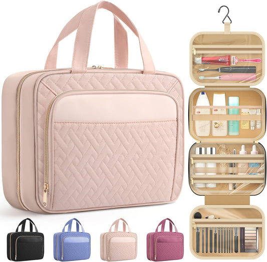 HOTOR Travel Toiletry Bag for Women & Men, Waterproof Makeup Bag with Hanging Hook and Multiple Pockets, Cosmetic Bags for Women, Travel Essentials, 12.6'' x 4.3'' x 9.9'', Pale Pink
