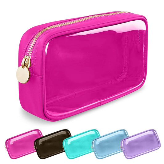 Clear Small Makeup Bag with Zipper, Nylon&PVC Cosmetic Travel Bag Preppy TSA Approved Toiletry Bag for Women Girls, Transparent Waterproof Makeup Pouches Cute Travel Bag for Purse(Small-Hot Pink)
