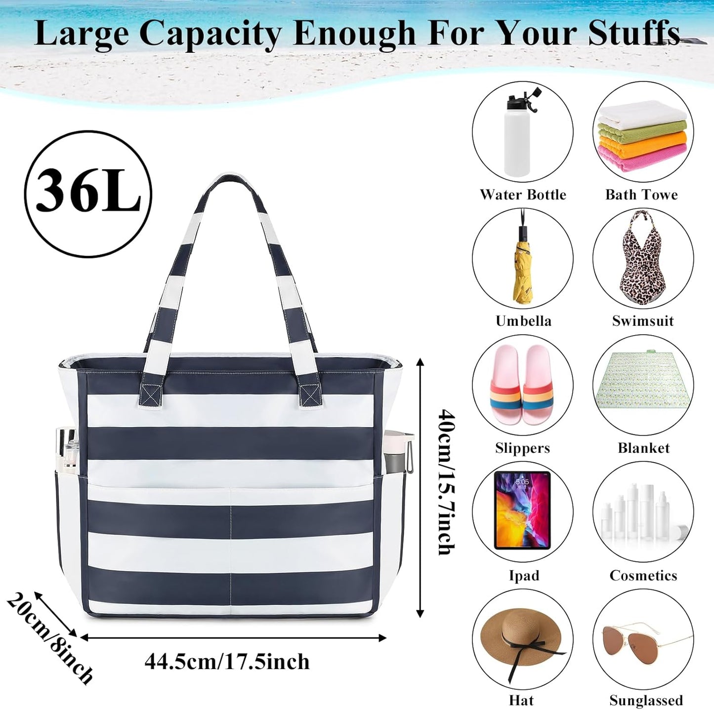 LEDAOU Beach Bag Waterproof Sandproof Women Tote Bag Pool Bag with Zipper for Gym Grocery Travel with Wet Pocket