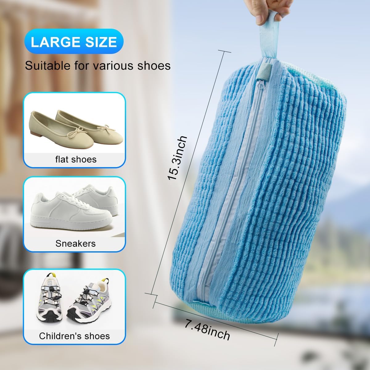 Reusable Shoe Washing Bag for Washing Machine - Simulate Hand Wash, Protect Shoes & Fit All Footwear - Large Capacity Laundry Bag for Sneakers, Flats & Kids Shoes 2 PCS (Blue)