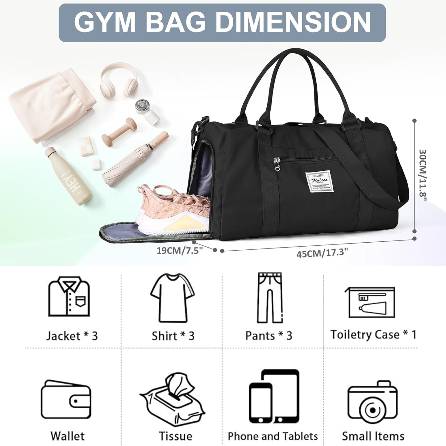 Gym Bag for Women with Shoes Compartment Small Duffel Bag Sport bag with Toiletry Bag Overnight Travel Tote Bags Weekender Carry on Personal Item Bags for Airlines Black