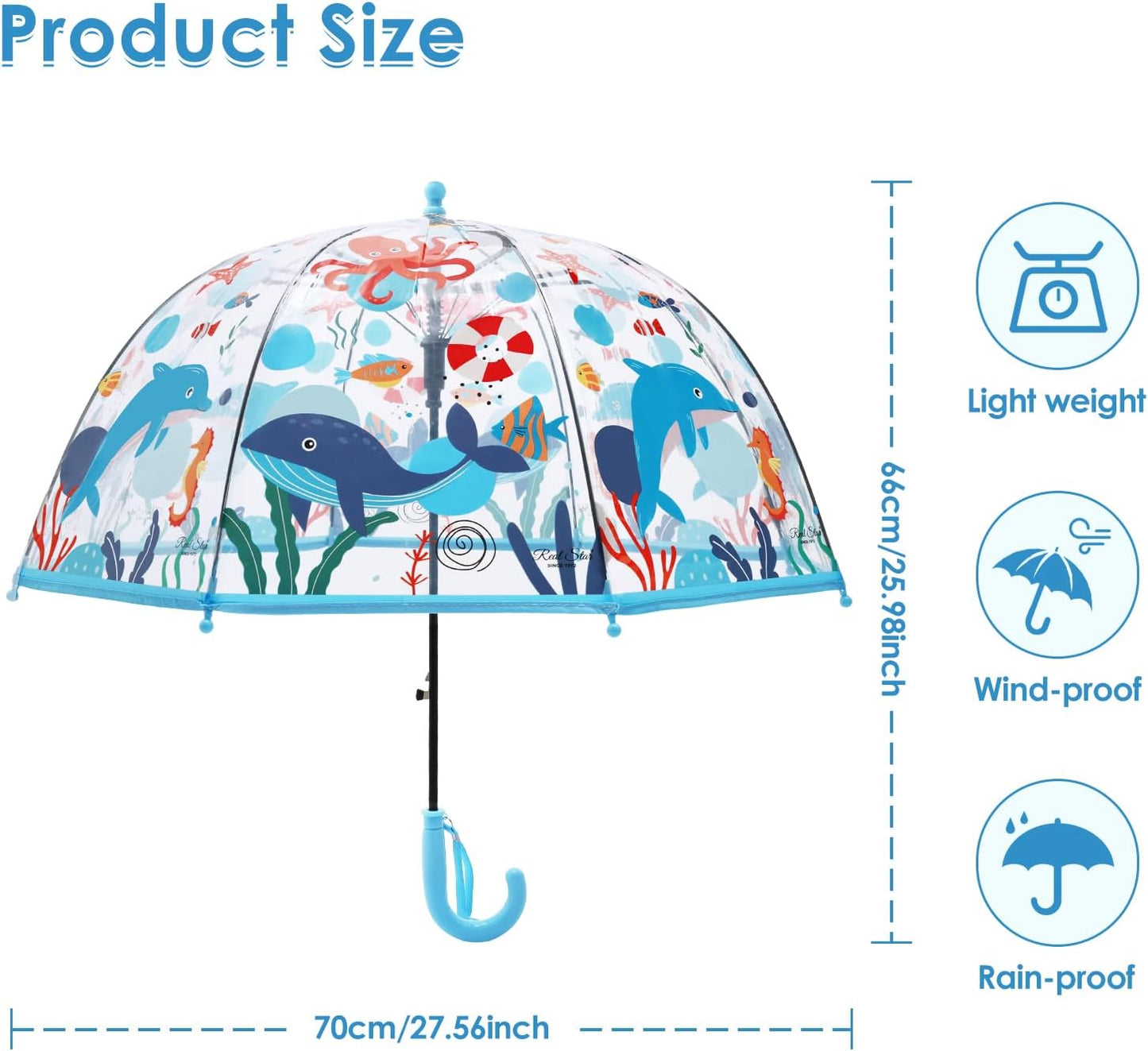 Kids Umbrella Clear Bubble Umbrellas for Rain,Transparent Dome Safety Windproof Umbrella with Easy-Grip Hook Handle for Toddler Girls and Boys
