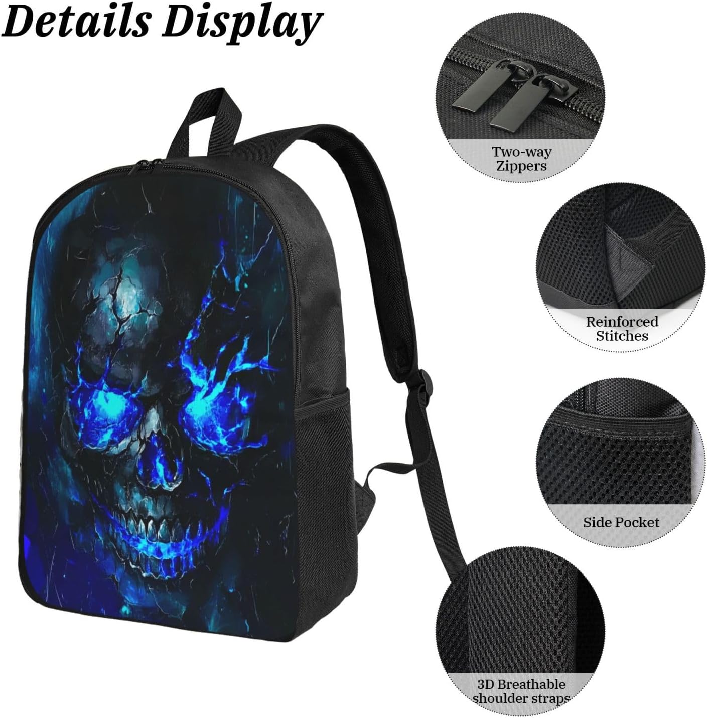 Skull Kid Backpack Set with Lunch Bag & Pencil Case Large Capacity School Bag 17 Inch Bookbag for Boy Girl