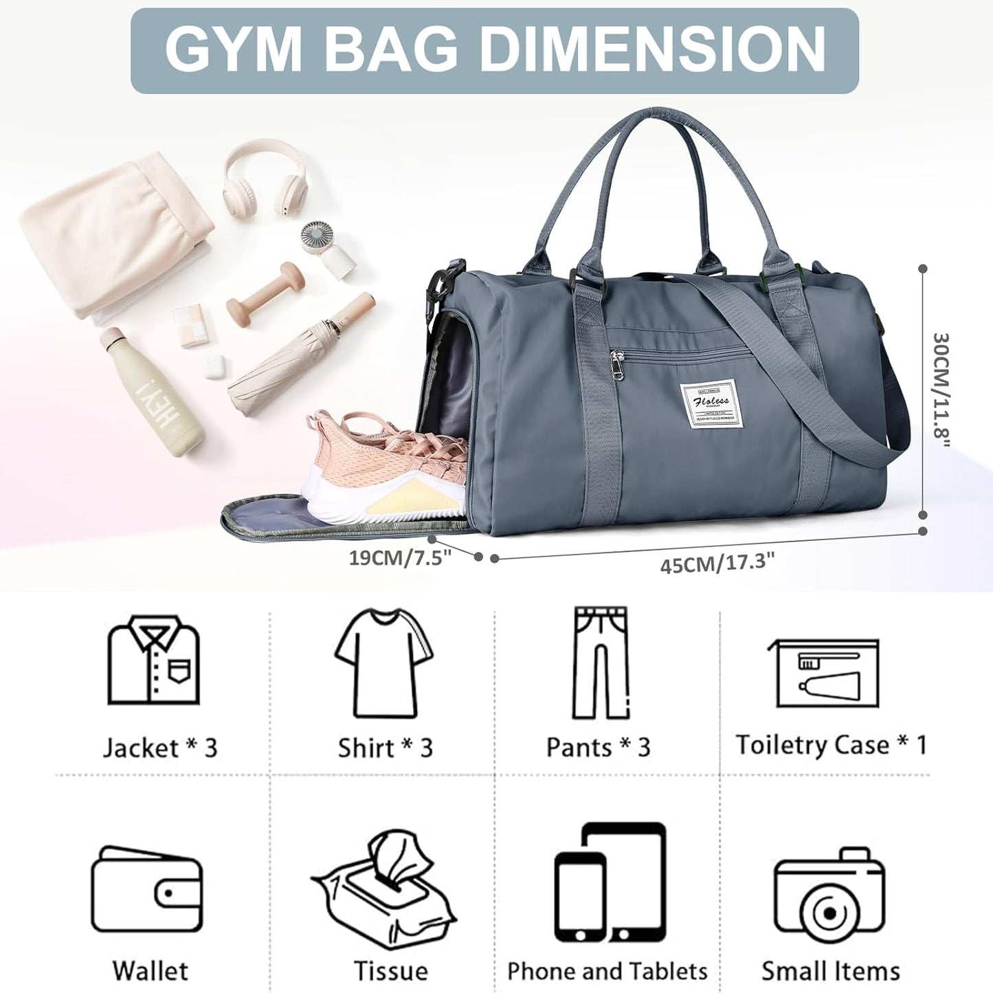 Gym Bag for Women with Shoes Compartment Small Duffel Bag Sport bag with Toiletry Bag Overnight Travel Tote Bags Weekender Carry on Bag Personal Item Bags for Airlines Grey Blue