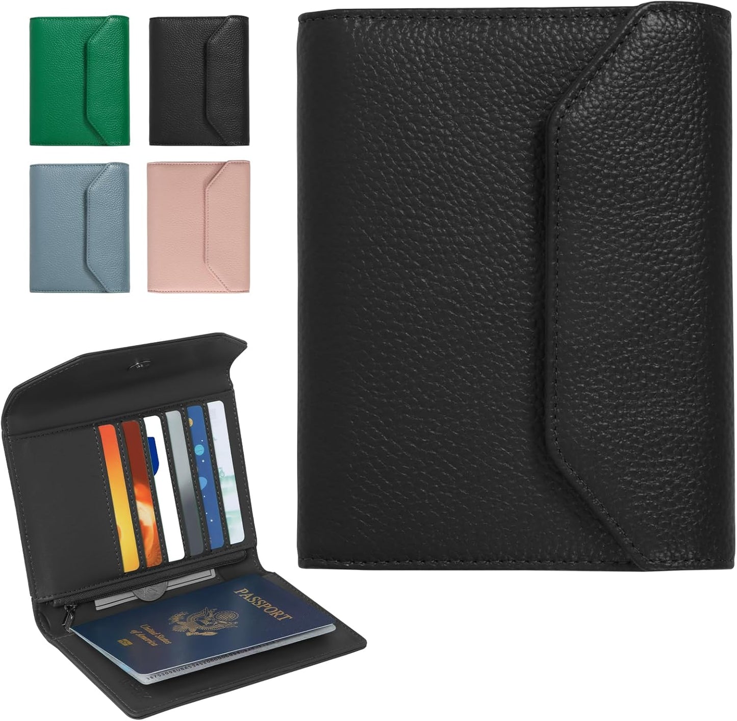 Leather Passport Holder for Travel,Rfid Passport Holder Protect Your Card Security,Passport Book Holder for Men Women,Travel Wallet with Cards & Pen Slot,Boarding Pass,Zipper Cash Pocket(Black)
