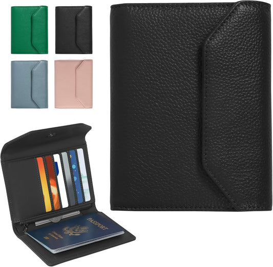 Leather Passport Holder for Travel,Rfid Passport Holder Protect Your Card Security,Passport Book Holder for Men Women,Travel Wallet with Cards & Pen Slot,Boarding Pass,Zipper Cash Pocket(Black)