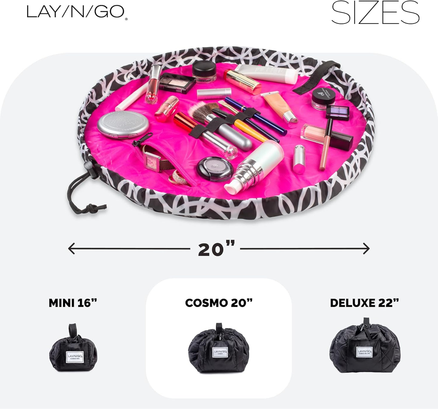 Lay-n-Go Cosmo Layflat Drawstring Cosmetic & Makeup Bag Organizer w/Zipper Pocket, Brush Loops & More, Cinch to Close, Lay Flat to Use, Durable, Machine Wash, Travel Toiletry Bag (20", Black/White)