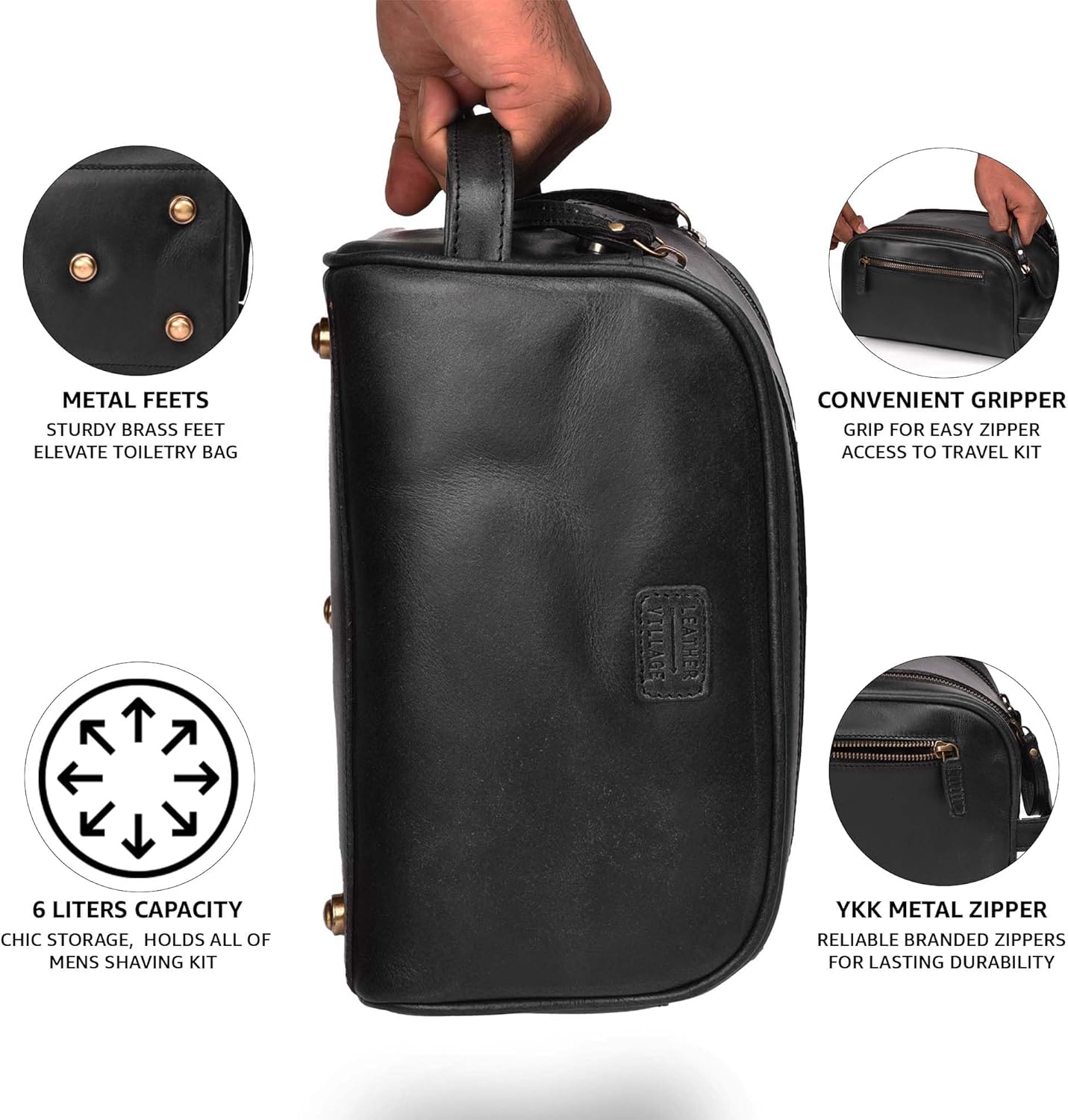 LEATHER VILLAGE Premium Leather Toiletry Travel Pouch With Waterproof Lining - Black | King-Size Handcrafted Vintage Cosmetic Organizer & Shaving Essential Bag