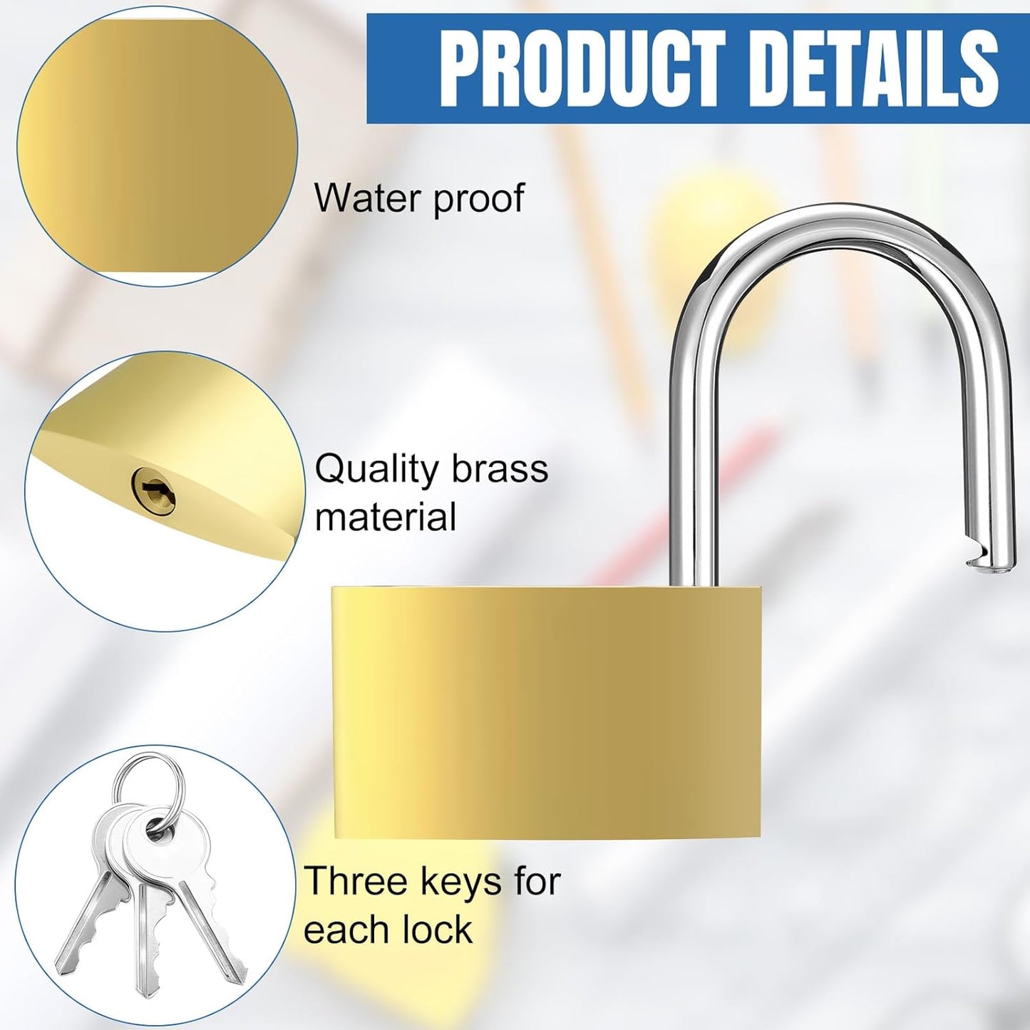 10pcs Solid Brass Keyed Padlock, Small Yellow Gym Lock, Strong Padlock with Same Key for Luggage Toolbox (50mm)