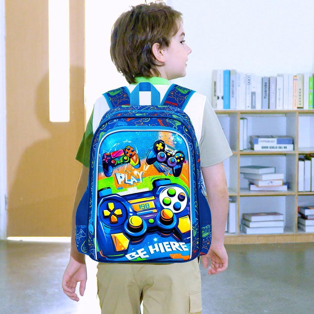 16" Gamer Backpack for Boy, 3Pcs Gaming Kids Bookbag for Elementary Preschool Kindergarten, School Backpacks with Lunch Box(Blue)