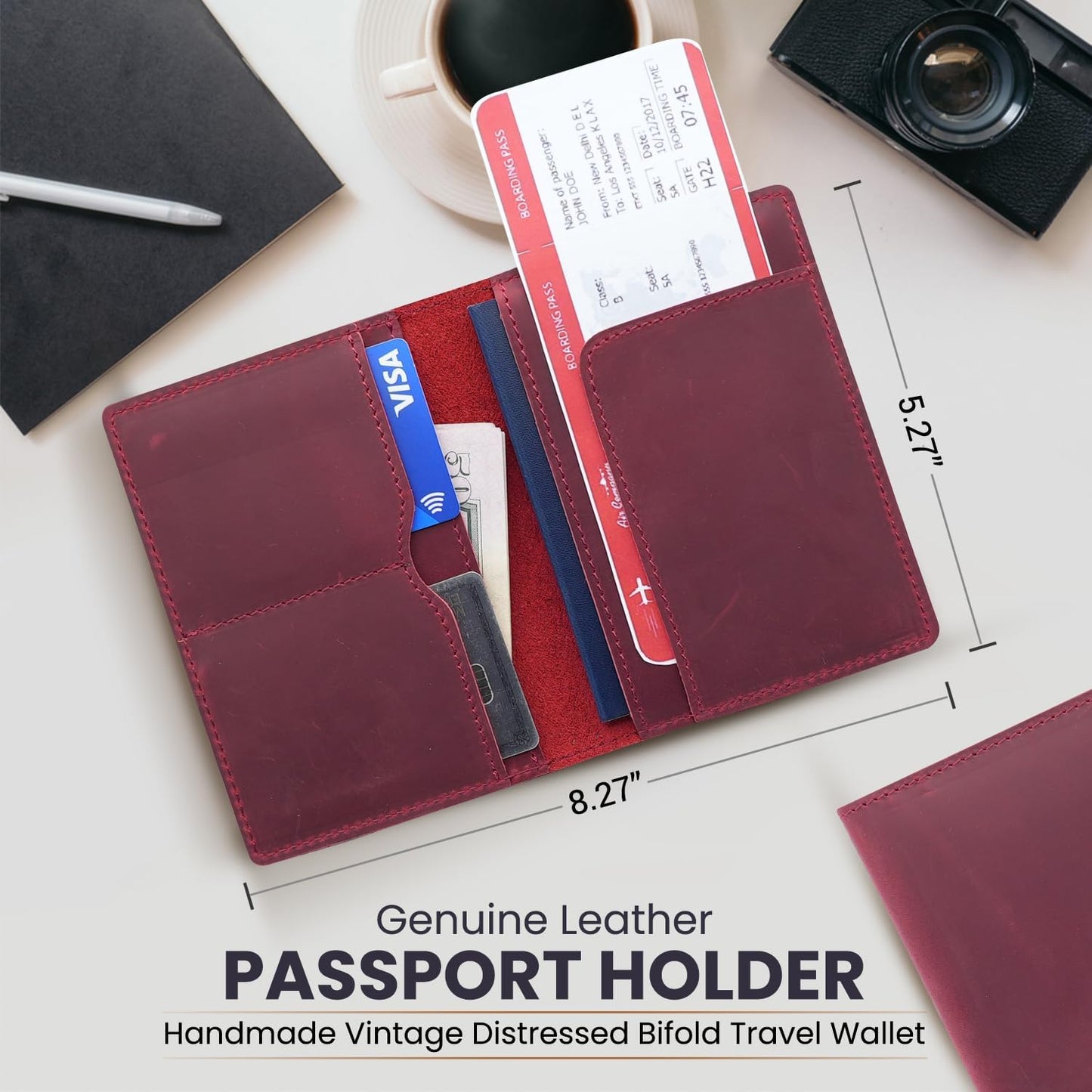 Leather Passport Holder with Travel Wallet, Genuine Leather Passport Cover- Passport Wallet, Leather Folding Wallet for Passports (Straight Cut, Red)