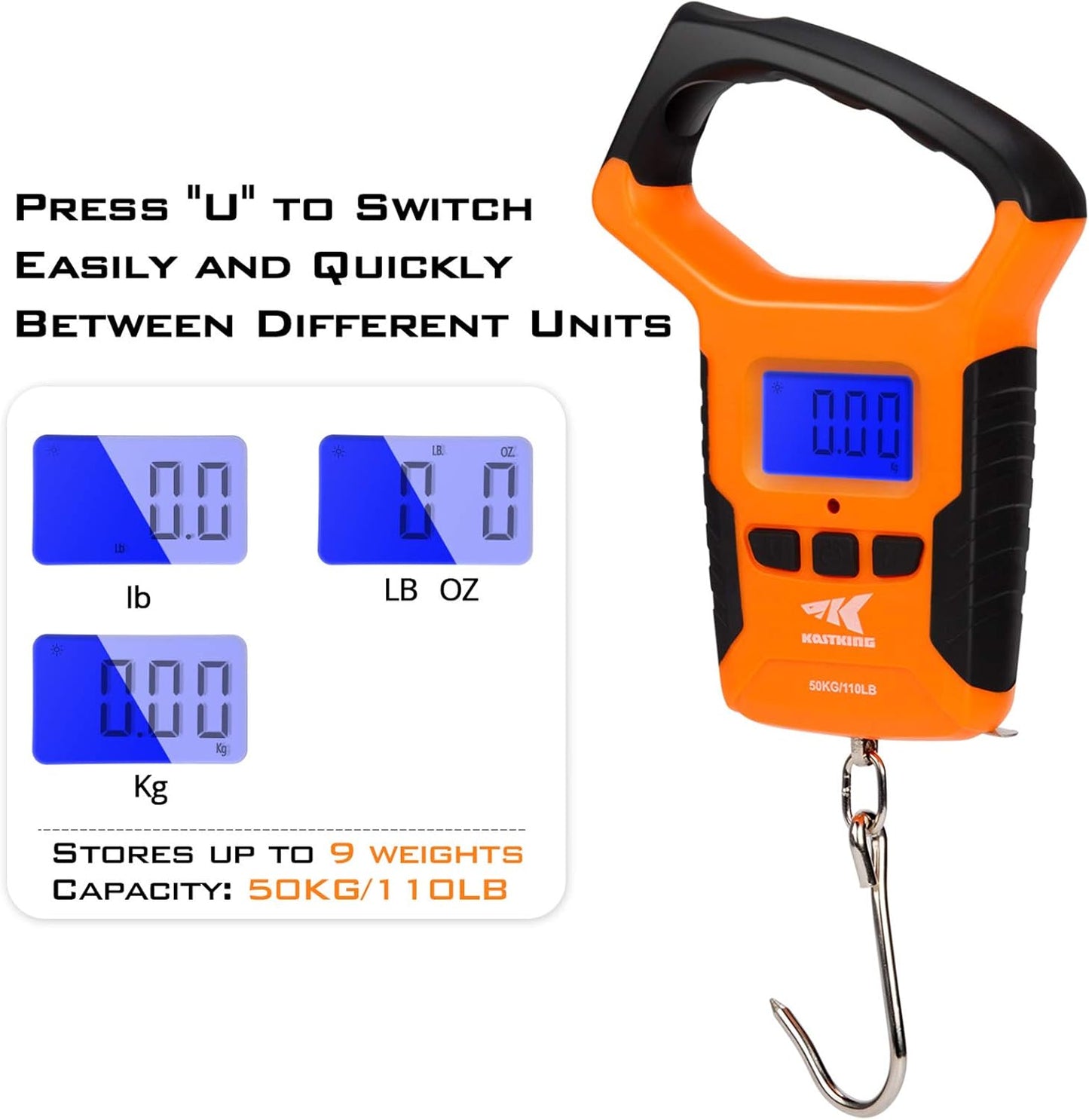 KastKing Fish Scale, Water Resistant Digital Scale with Ruler, 110lb Capacity, Dual Mode – Pounds/Ounces & Kilograms, Light, Strong ABS Frame, Non-Slip Handle, Retractable 38 inch Tape Measure