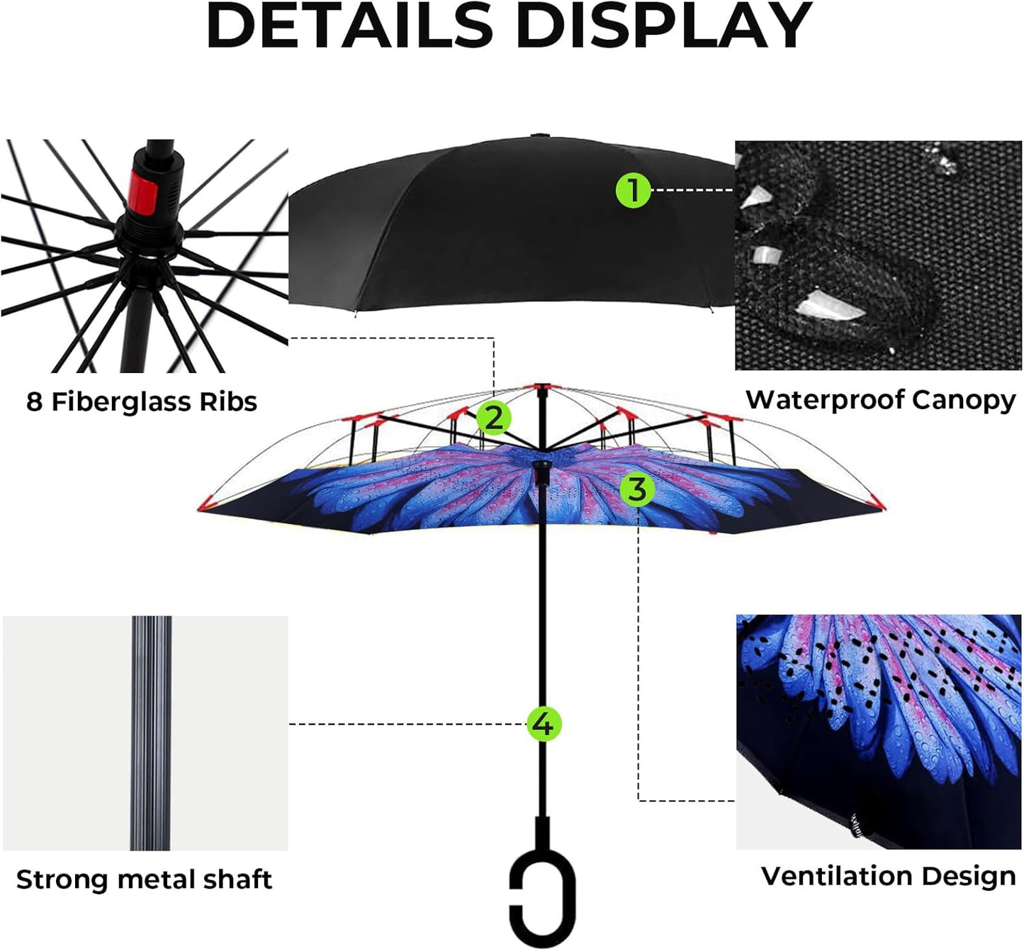 LLanxiry Windproof Inverted Umbrella, Large Reverse Umbrellas for Rain with C-shaped Handle Big Upside Down Inside Out Umbrella for Women & Men