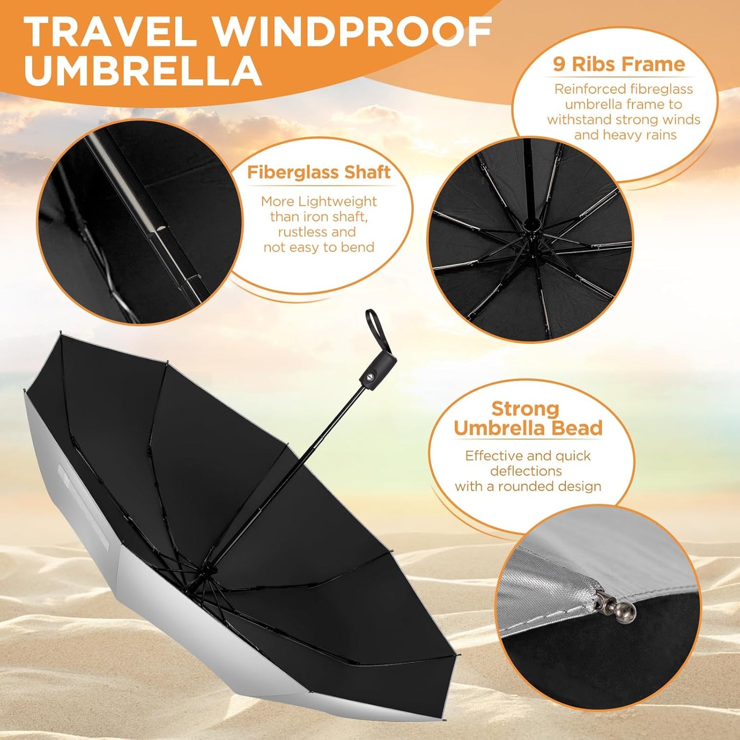 NINEMAX UV Umbrella for Sun Protection UPF 50+, 46 Inch Travel Compact Sun Umbrellas UV Blocking Small Auto Open Personal Portable for Walking