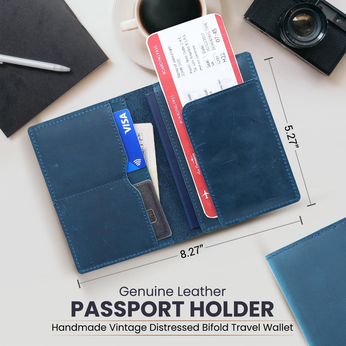 Leather Passport Holder with Travel Wallet, Genuine Leather Passport Cover- Passport Wallet, Leather Folding Wallet for Passports (Straight Cut, Blue)