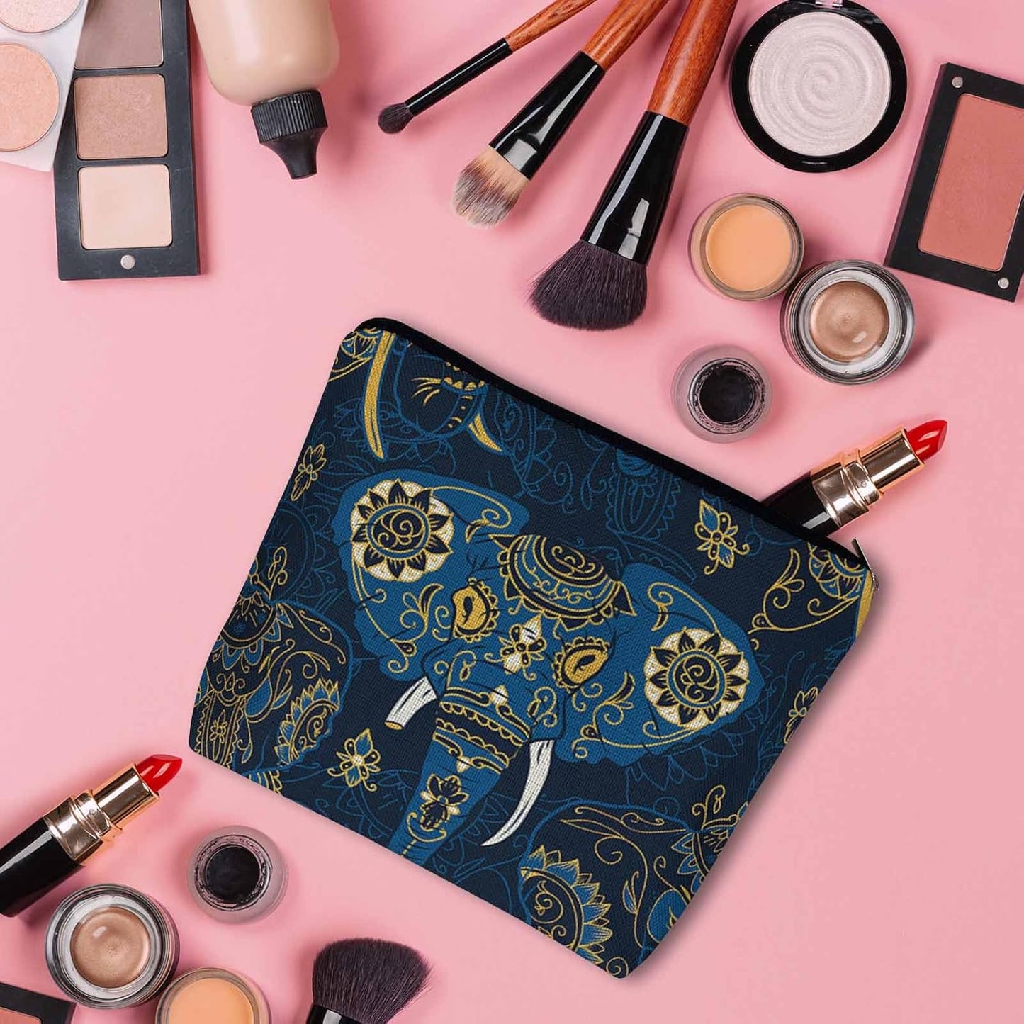 Elephant Makeup Bag - Adorable Cosmetic Bag, Day Of The Dead Sugar Skull Elephant Blue Zipper Bag Travel Toiletry Organizer Pouch For Gym Bathroom