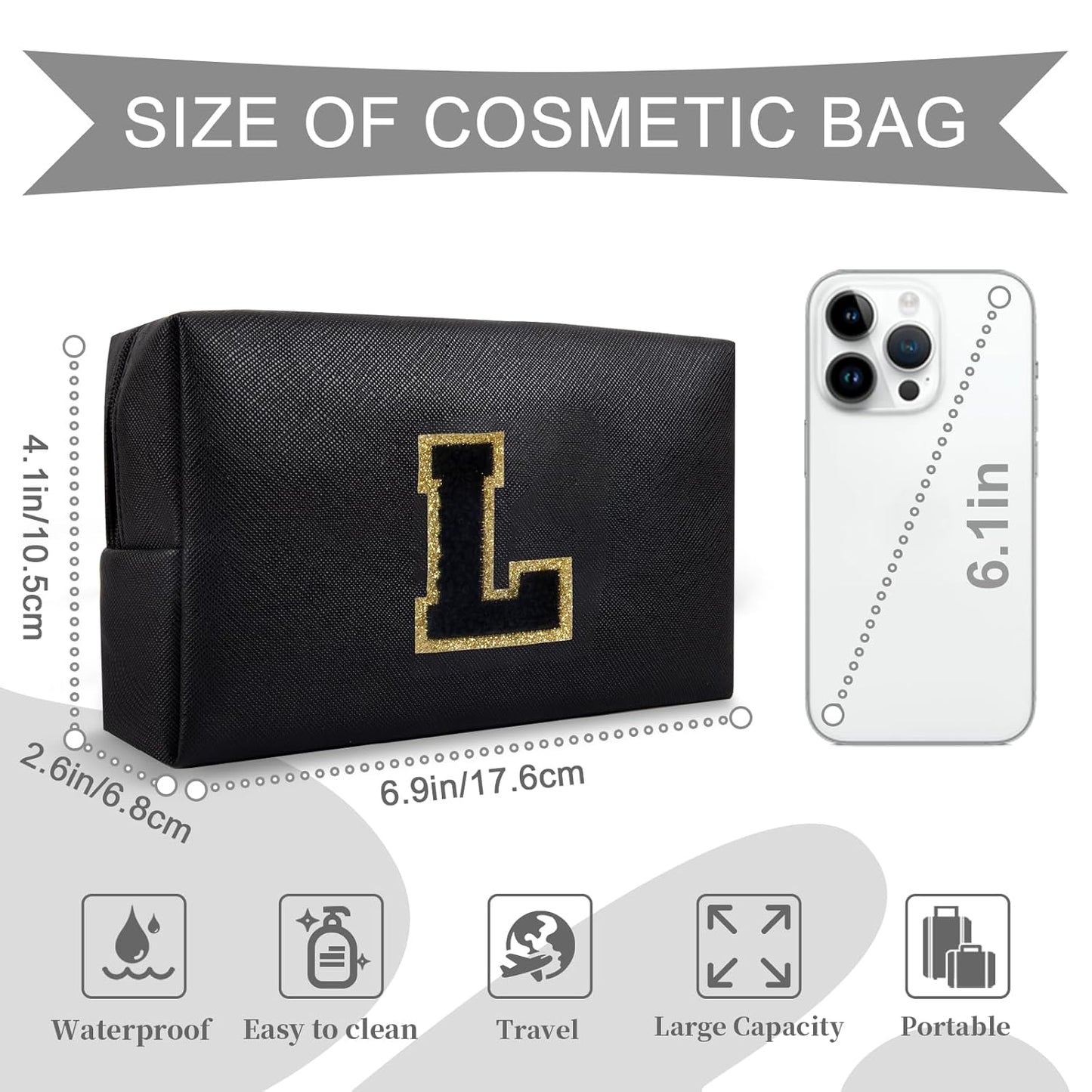 Personalized Initial A-Z Preppy Patch Makeup Bag,Small PU Chenille Letter Cosmetic Bag with Zipper for Teen Girls,Black Cute Toiletry Organizer Bag,Monogram Makeup Case Gift for Women Girls,Letter L