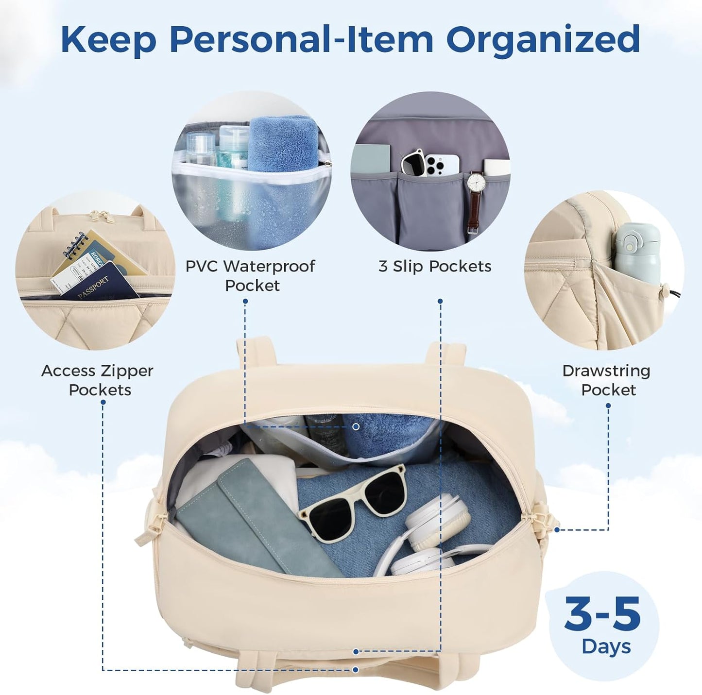 Gym Bag for Women, Puffer Travel Duffle Bag With Shoes Compartment & Wet Pocket, Carry On Tote Bag For Weekender, Overnight, Sport (Beige)