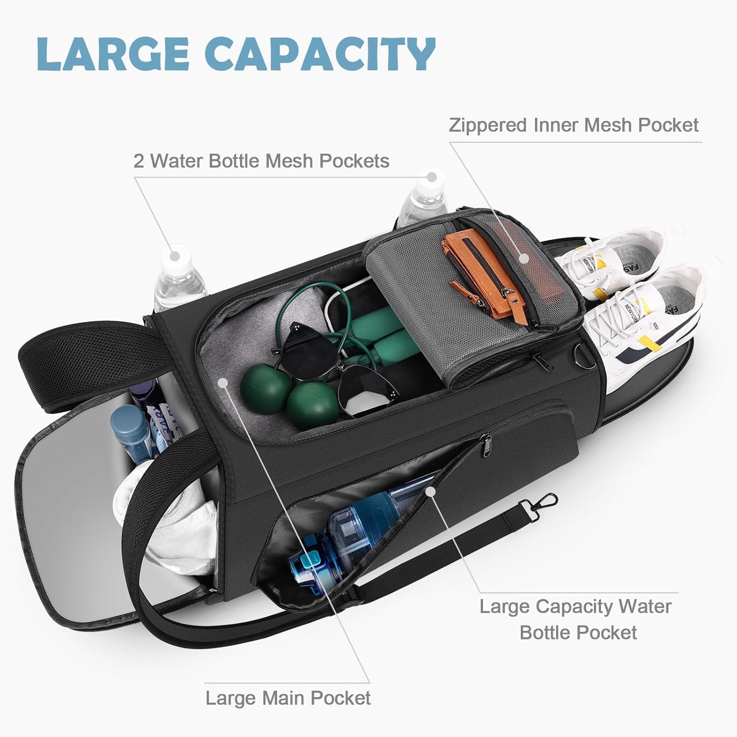 Gym Bag for Women Men, Duffle Travel Bag with Shoes Compartment and Wet Pocket, Waterproof Overnight Carry On Bag Backpack with Two Elastic Bottle Holders for Travel, Workout, Sports, Weekend - MIYCOO