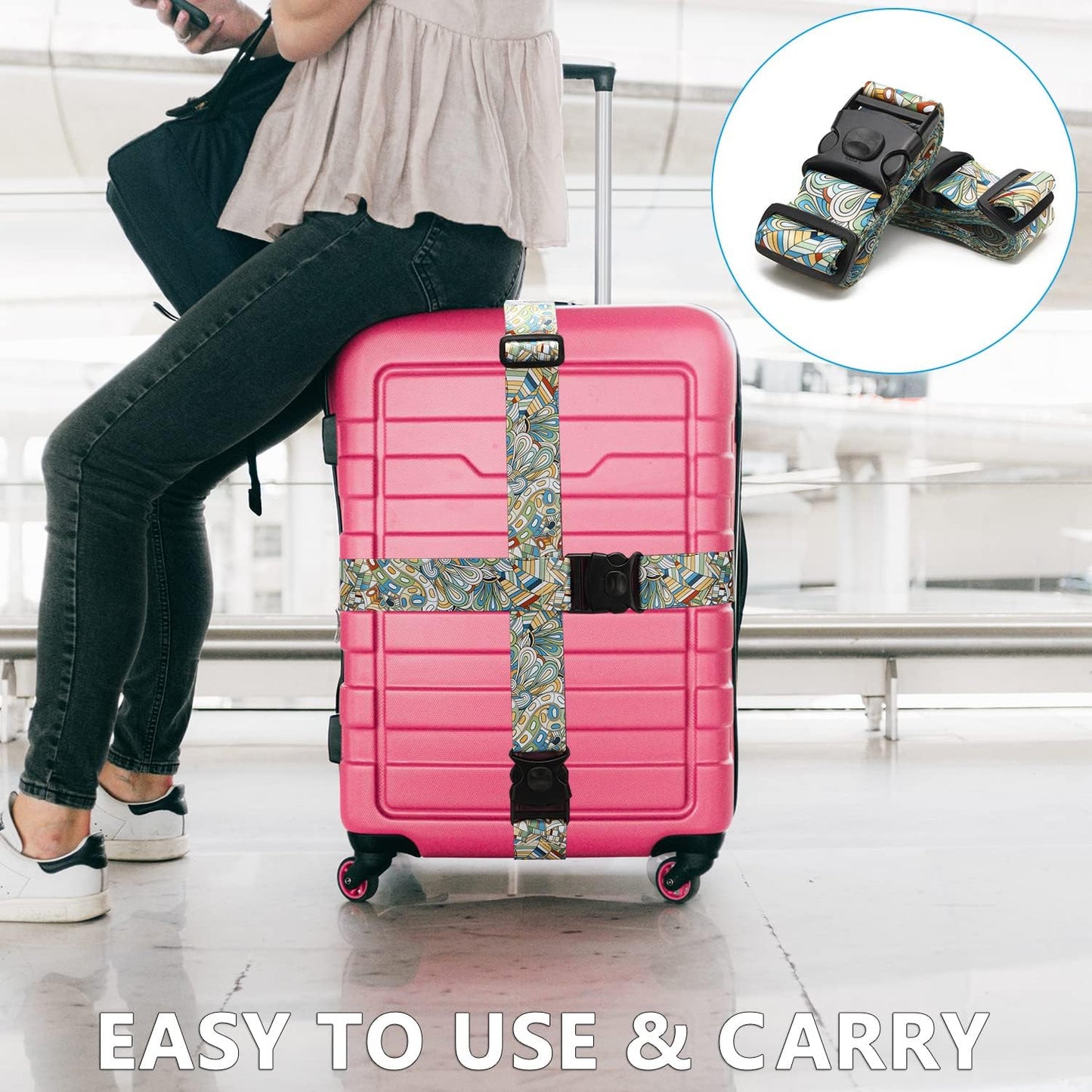 2 Pack 75'' x 2'' Adjustable Luggage Straps for Suitcase Belt Travel Bag Packing Straps Accessories (Green Flower)