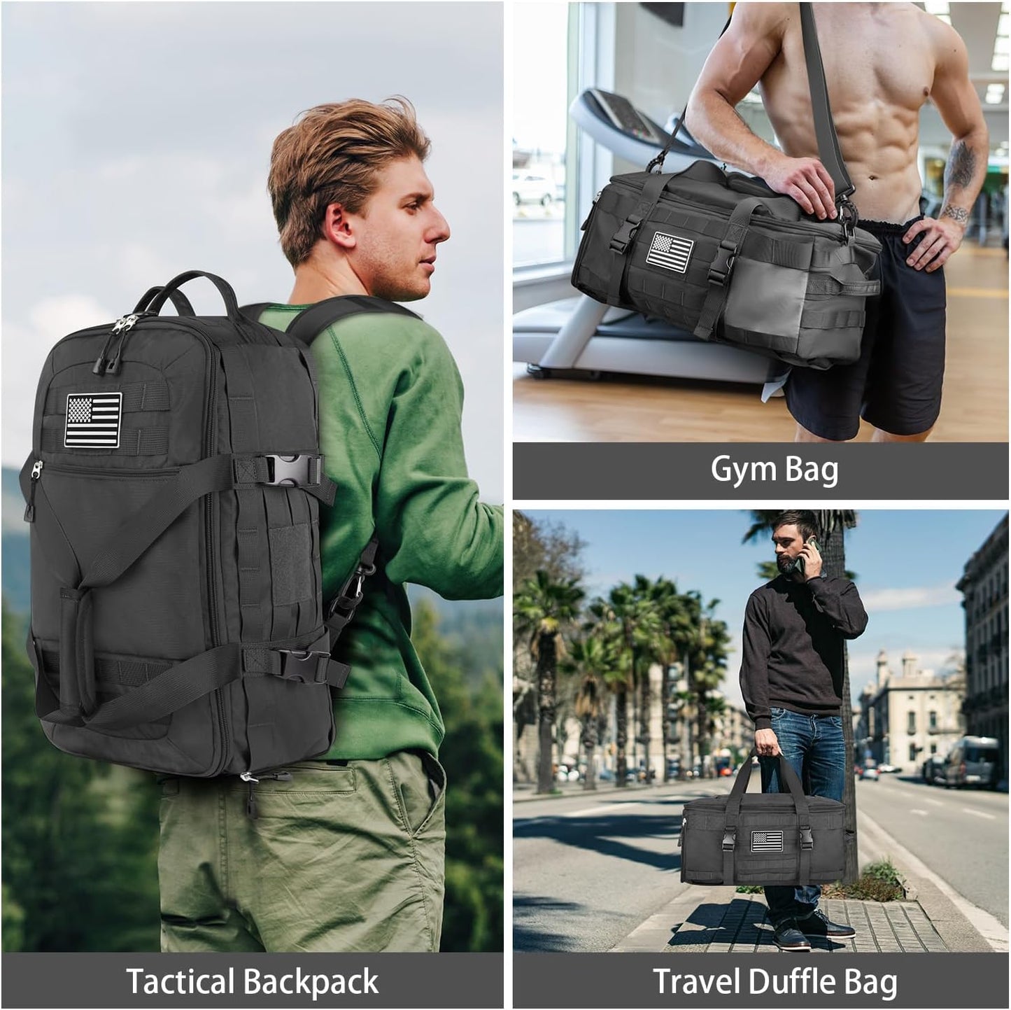 ETRONIK Gym Bags for Men Women, Tactical Duffle Bag Backpack with Shoe Compartment, 3 in 1 Carry on Travel Backpack with Wet Pocket, Weekender Overnight Range Bag for Workout Football Gym, Grey