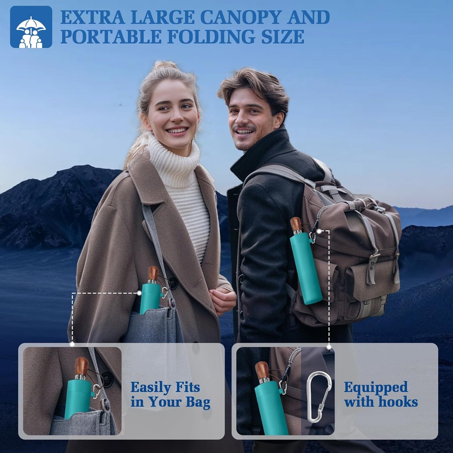 Umbrella Strong Windproof, Triple-Layer Canopy, 10 Fiberglass Ribs, Auto Open/Close, Wooden Handle, Sleeve with Anti-Loss Hook, Umbrellas for Travel & Commute & Daily Use & Gift