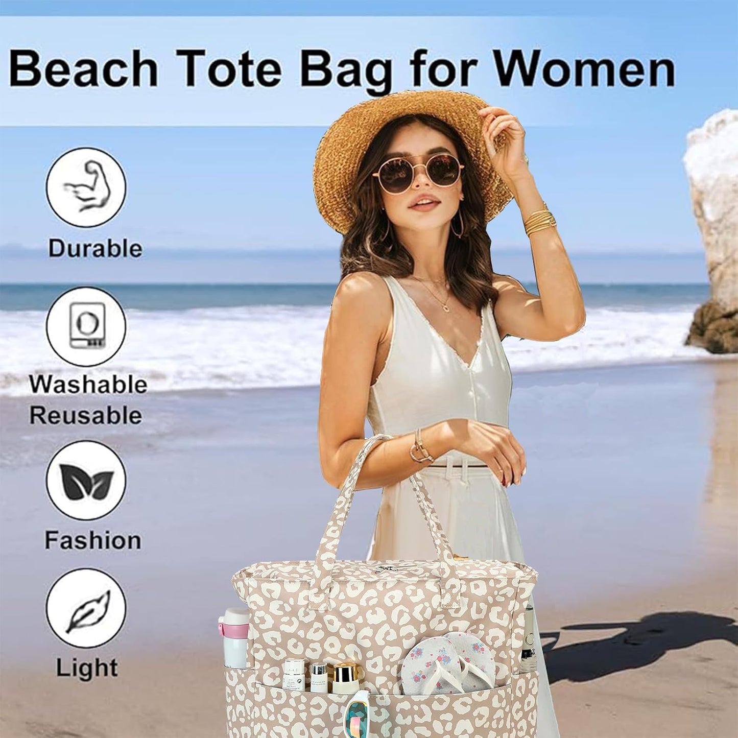 LEDAOU Beach Bag Waterproof Sandproof Women Tote Bag Pool Bag with Zipper for Gym Grocery Travel with Wet Pocket